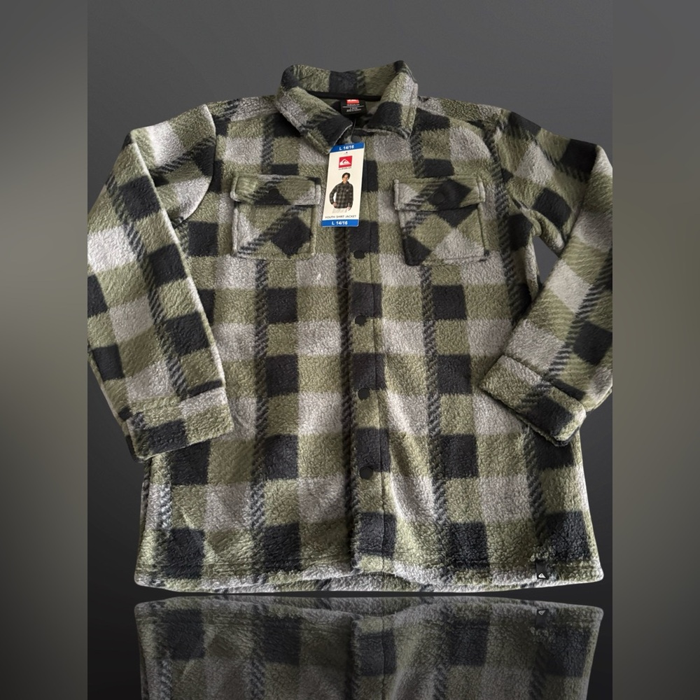 Quiksilver Youth Boy's Fleece Shirt Jacket - green, gray & black Size L 14/16
